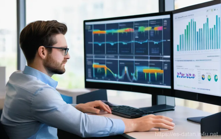 데이터 분석가의 하루 일과 - **Prompt:** A focused female data analyst, in her late 20s, with a serious but curious expression, i...