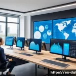 클라우드 환경에서의 데이터 분석 - A modern office environment with a diverse team of professionals collaborating remotely via cloud te...