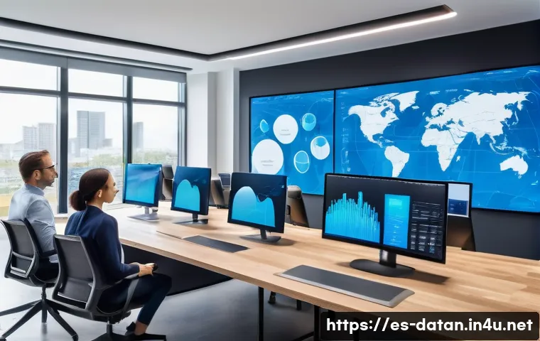 클라우드 환경에서의 데이터 분석 - A modern office environment with a diverse team of professionals collaborating remotely via cloud te...