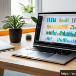 데이터 분석 포트폴리오 사례 분석 - A professional data analyst workspace with a modern laptop displaying colorful interactive dashboard...