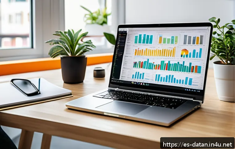 데이터 분석 포트폴리오 사례 분석 - A professional data analyst workspace with a modern laptop displaying colorful interactive dashboard...