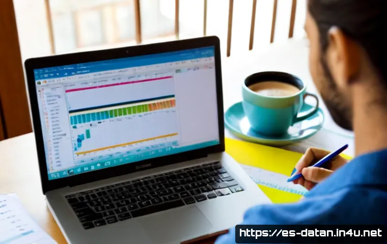 파이썬을 활용한 데이터 분석 실습 - Photorealistic over-the-shoulder view of a Spanish-speaking data analyst in a bright Madrid home off...