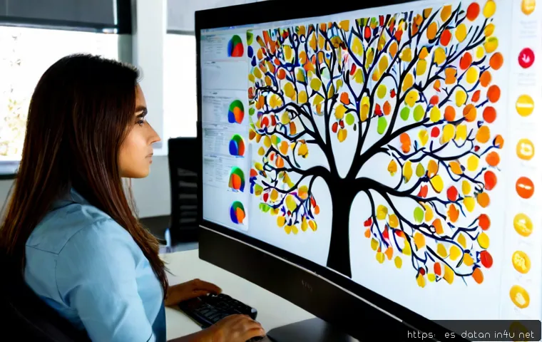 데이터 분석가가 알아야 할 주요 알고리즘 - Photorealistic data analyst in a modern Madrid office, focused on a large monitor displaying abstrac...